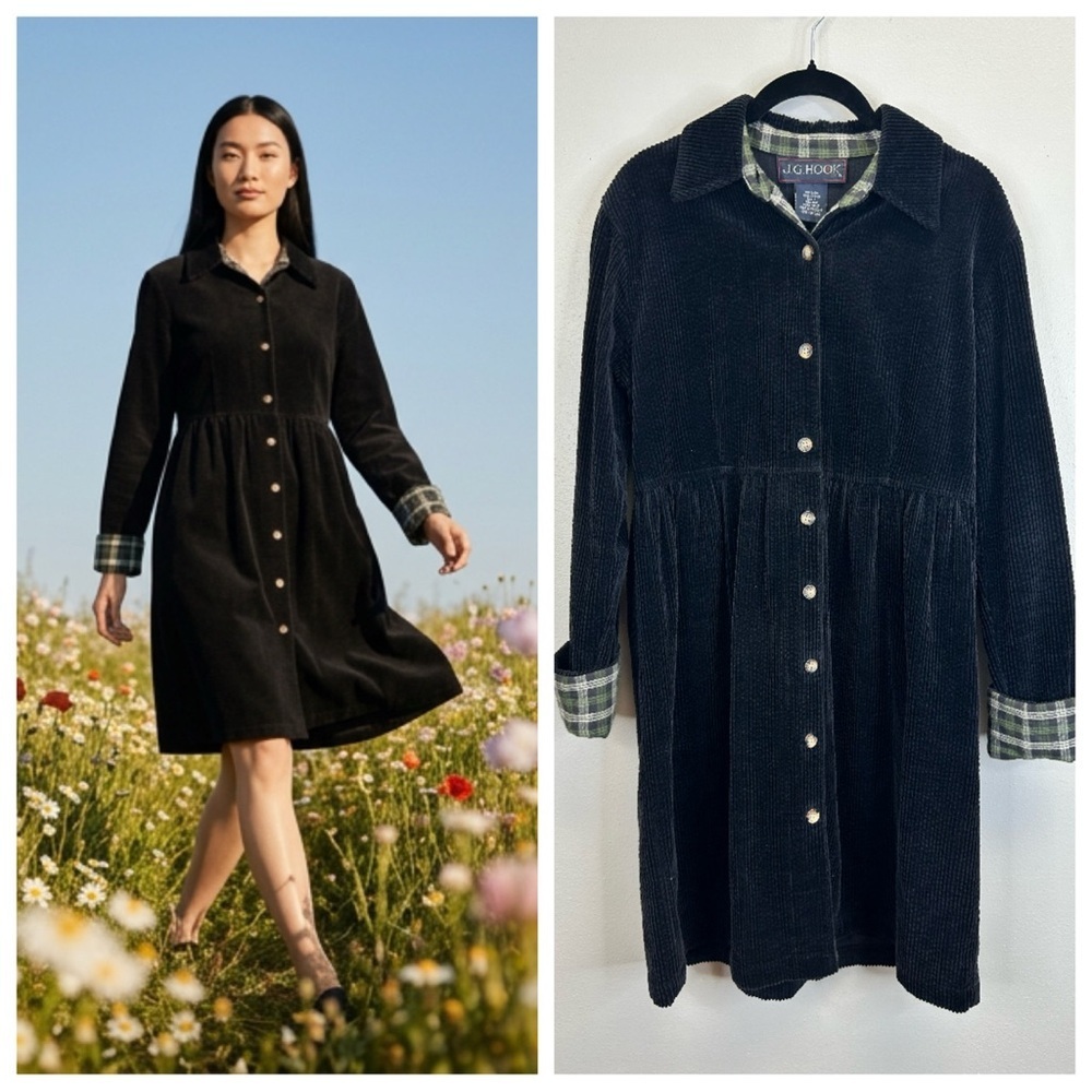 Dark Cottagecore Prairie Modest Black Corduroy Size 8 Vintage Dress Shacket Boho